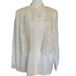Vintage Lace Vest Blouse Size L Ivory White Long Sleeve Button Down 90s